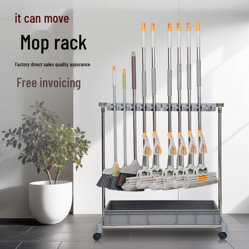 Movable Stainless Steel Mop Storage Rack with Hooks for Floor-Standing Draining in Schools and Factories