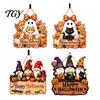 Autumn Theme Sign Halloween Wooden Hanging Sign, Happy Door with Gnomes/Ghosts, Retro Festive Window Harvest Festival Wall Decoration for Home