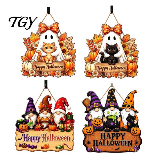Autumn Theme Sign Halloween Wooden Hanging Sign, Happy Door with Gnomes/Ghosts, Retro Festive Window Harvest Festival Wall Decoration for Home