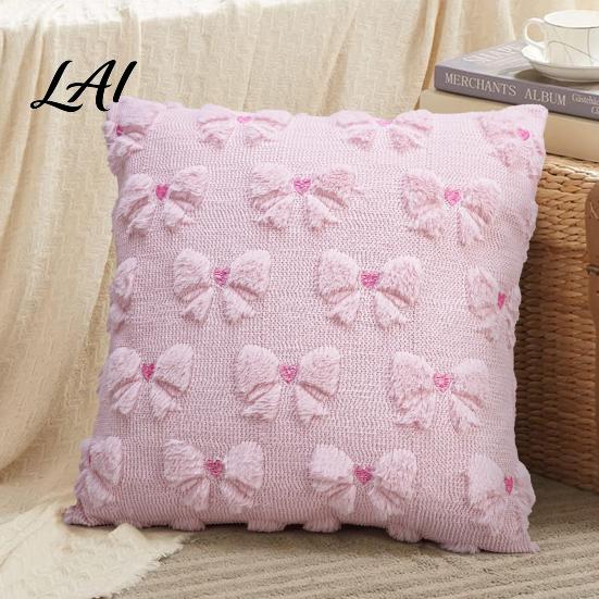 Soft Plush Cushion Cases Throw Pillow Cover Heart Embroidery Case with 3D Bowknot Jacquard Decorative Pillows for Anniversary Fluffy Couch