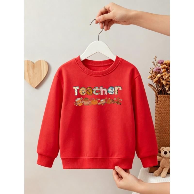 Kids Girls Crewneck Sweatshirt, Fall Patchwork Letter "Teacher" With Pumpkin Coffee Pie Autumn Cartoon Print Light Pink Soft Fleece Pullover