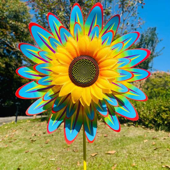 Sunflower Pinwheel 3-Tier Sunflower Garden Wind Spinner Ground Insert Yard Decor Windmill for Patio Lawn Decoration