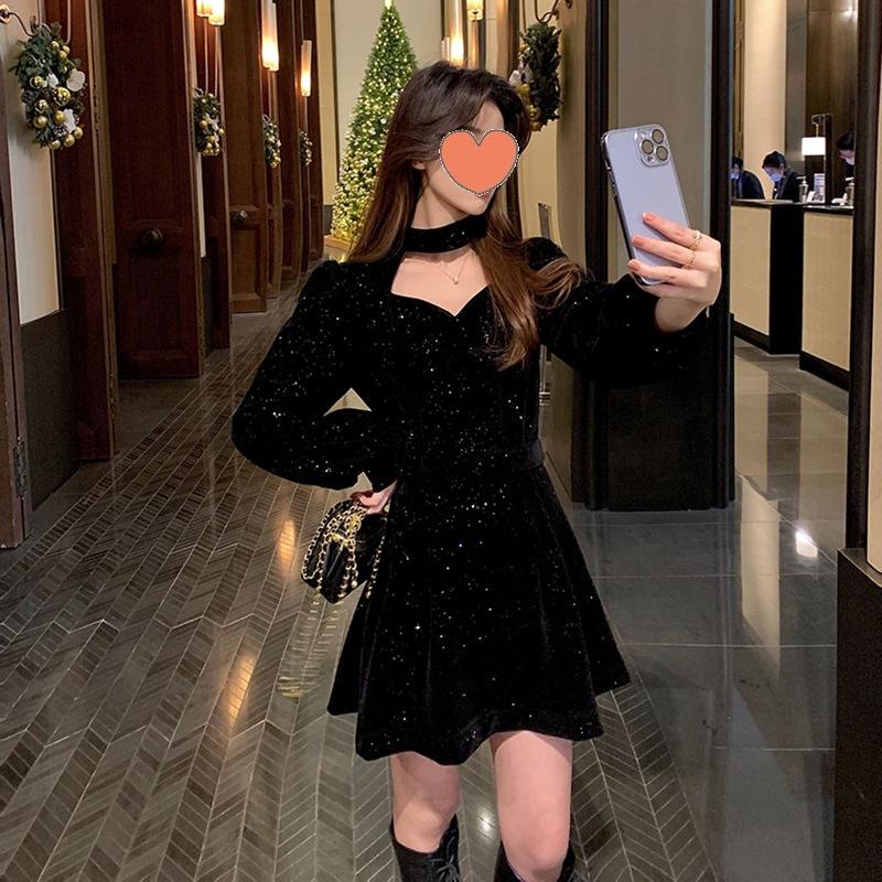 Christmas Evening Dress, Foreign-style Celebrity, Red Chinese New Year Robe, Velvet Dress, Women's Autumn and Winter Advanced Sense of Thin Skirt