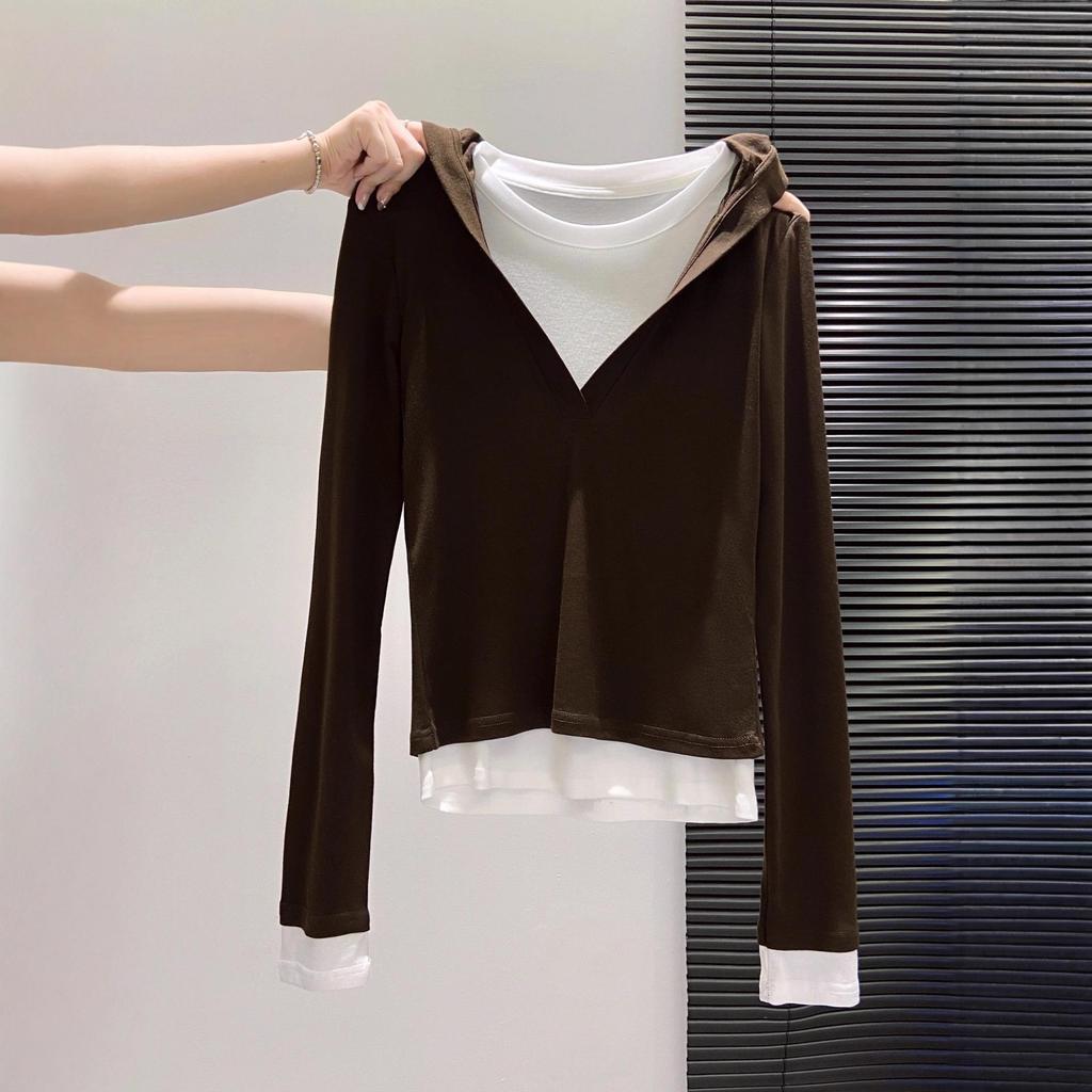 Women's Slimming Hooded Long-Sleeve Two-Piece Faux T-Shirt for Autumn 2025, Base Layer Top