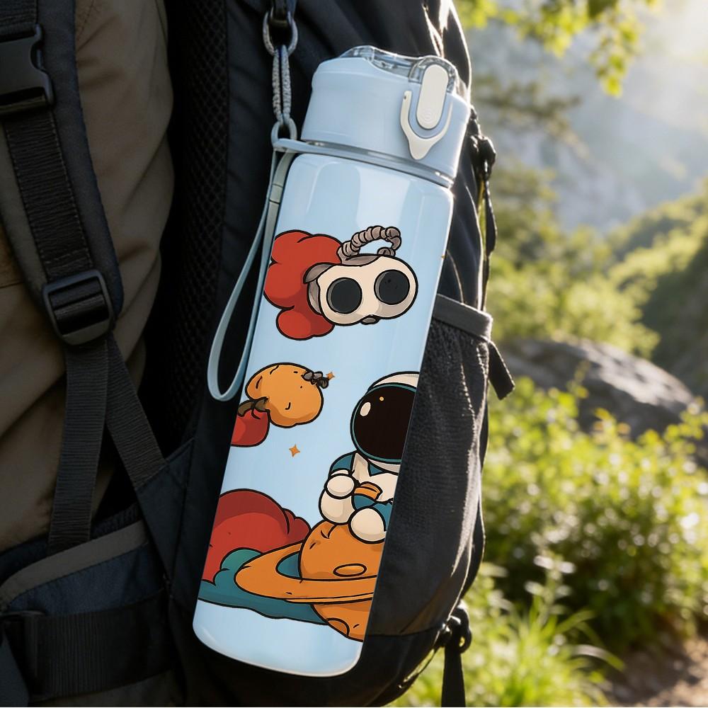 1PC Astronaut Space Planet Pattern 750ml Color Plastic Sports Water Bottle Leakproof Flip Straw Lid Suitable for Sports Office Home Use
