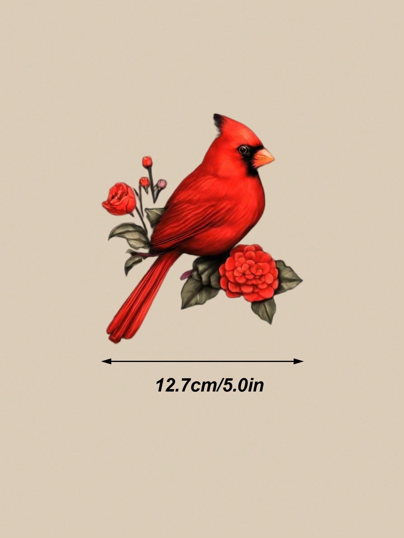 

Bright red cardinal vinyl sticker, realistic bird with black mask and orange beak, self-adhesive decal красный