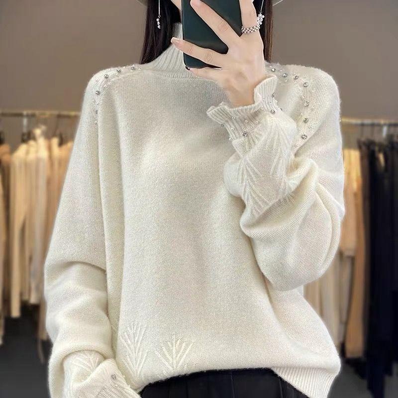 Women's Turtleneck Sweater Autumn Winter Beaded Loose Sweater Solid Color Pullover Knit Top