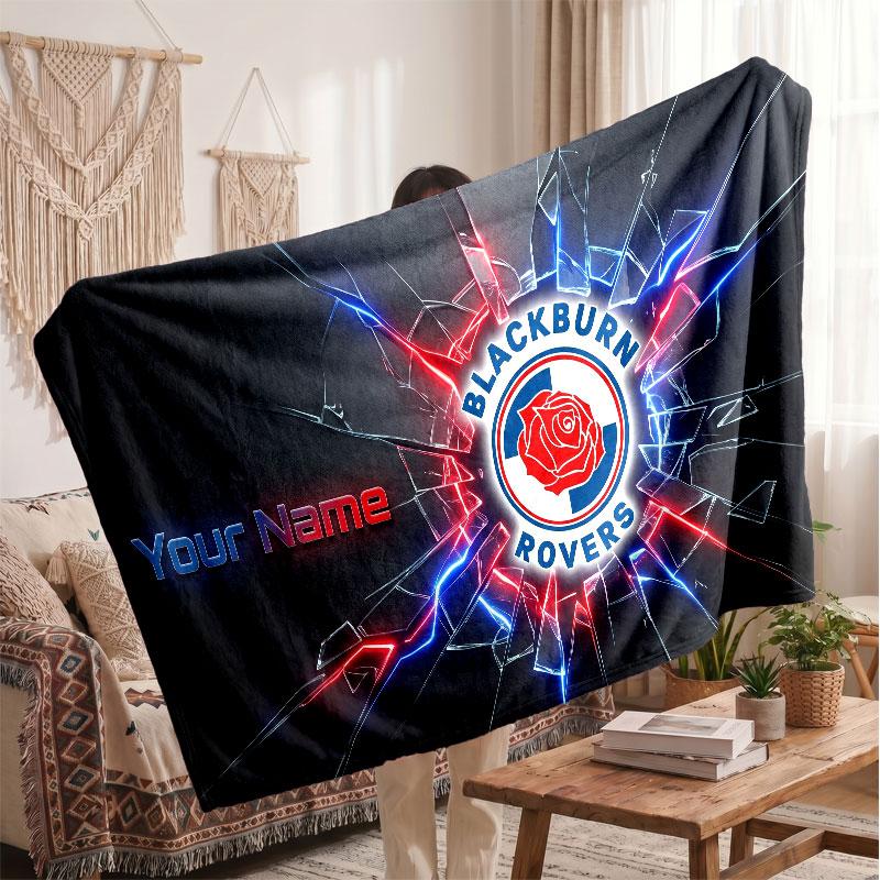 Blackburn Rovers FC Personalized Fleece Blanket With Football Logo, Custom Name Text Soft Warm Home Throw Blanket