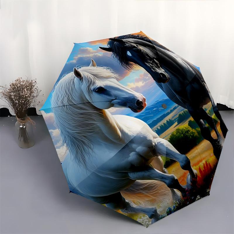 Horses, Landscape Automatic Folding umbrella Compact 8 rib Design, Unique Style, Suitable for Everyday Outdoor Use, Perfect Gift for Friends