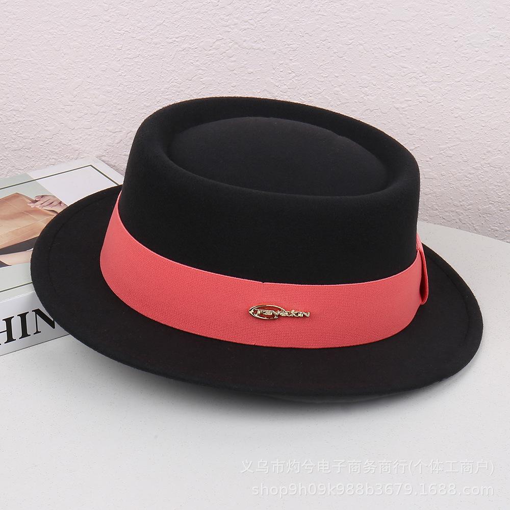 Autumn and Winter French Flat-brimmed Woolen Flat-top Top Top Hat Female British Show Small Face Simple Temperament Elegant Celebrity Style Jazz Hat