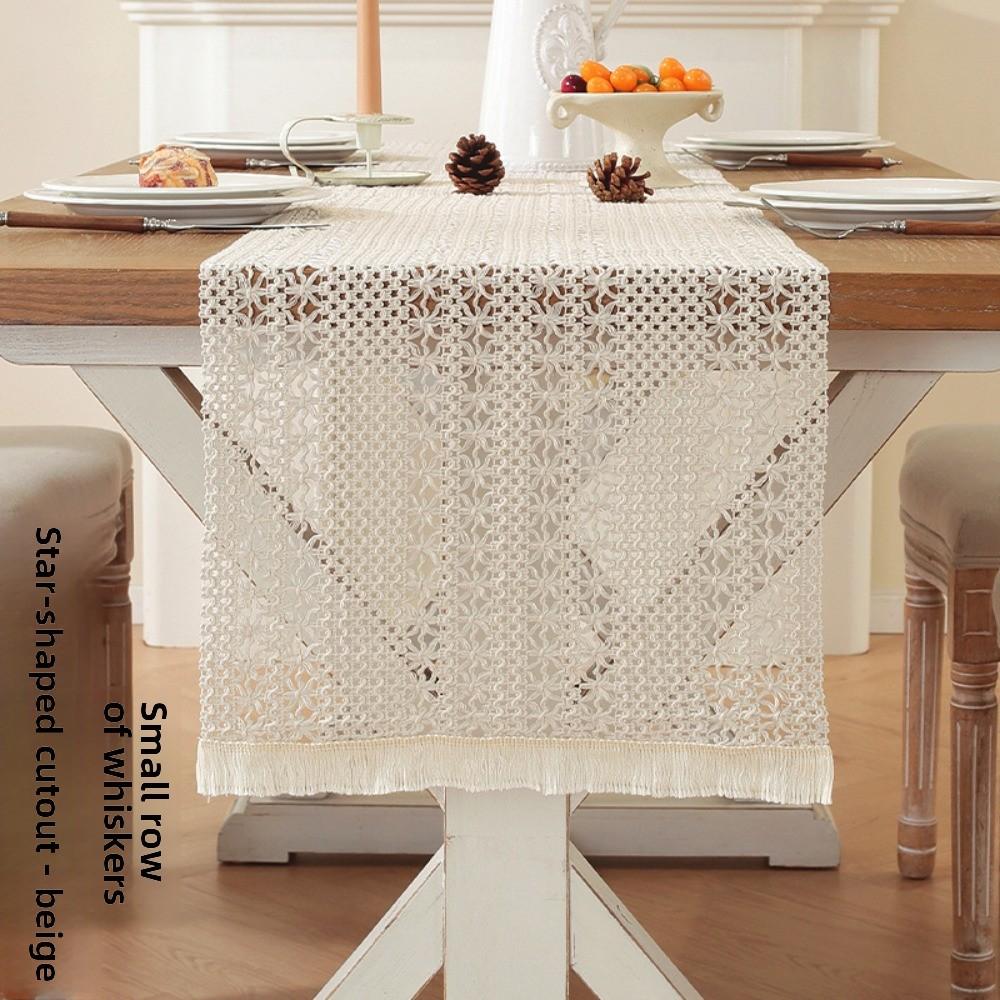 Vintage Linen Cotton Christmas Table Runner American Style Lace Weave Fringe Holiday Decoration