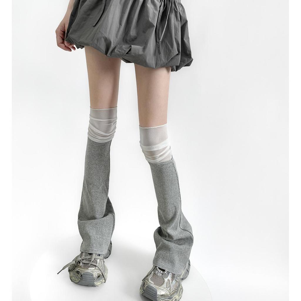 Japanese Style Mesh Patchwork Flared Leg Warmers - Light Gray Knit & White Ruched Tube Socks