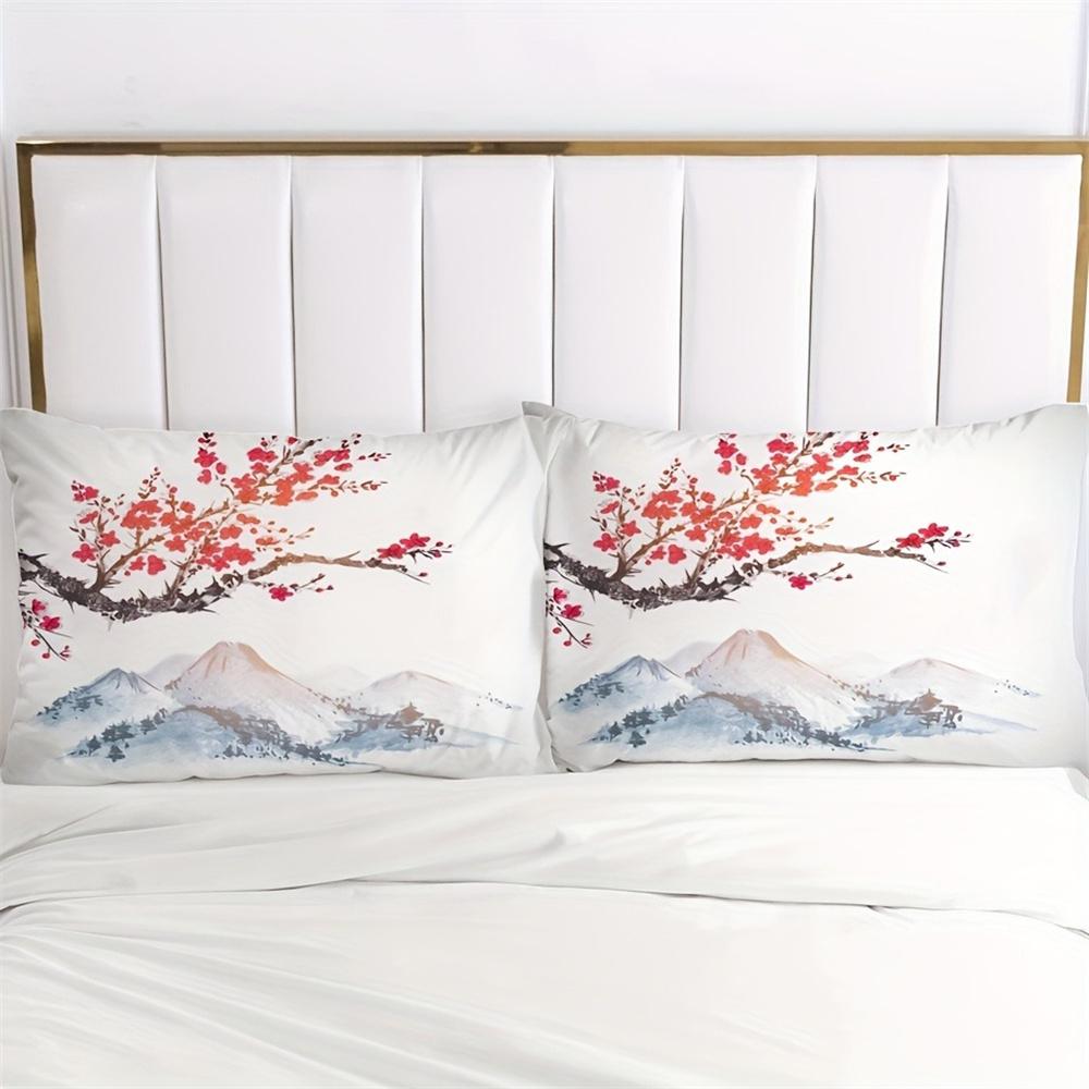 Chinese Style Fitted Sheet Set Ink Painting Plum Mountains Print Mattress Covers Soft Breathable Bedding Set With Deep Pocket