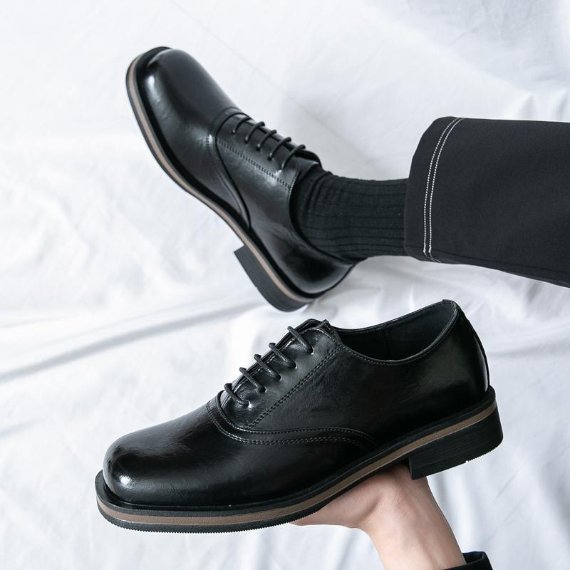 Fashion Retro Black Thick Bottom Large Head Men's Shoes Wedding Business Casual Lace Up Loafers Round Toe Leather Shoes for Men