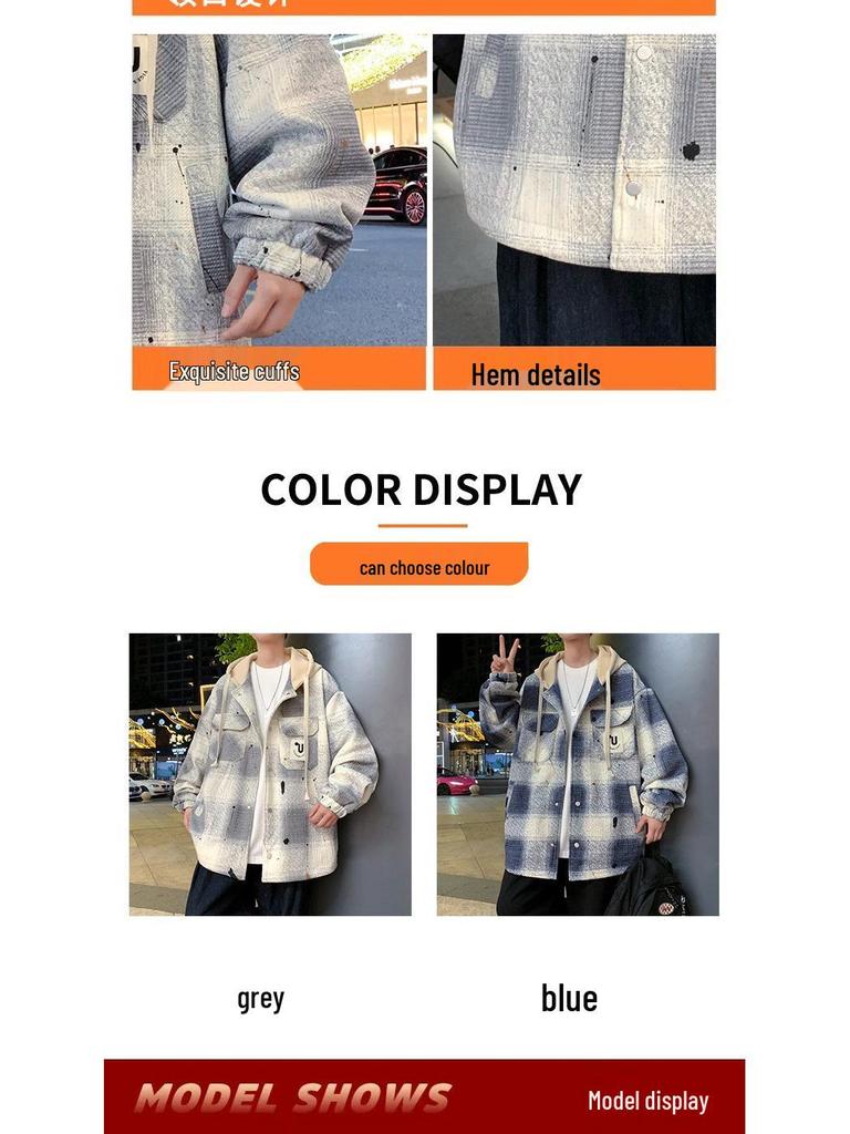 Men's Hooded Plaid Cotton Jacket - Spring/Autumn/Winter Workwear for Youth Students