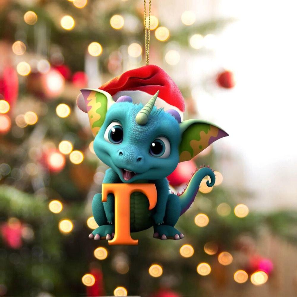 2D 26 Letters Christmas Dragon Pendants Acrylic Printed Pattern Dragon Baby Hanging Ornament Decorative Christmas Tree Pendants