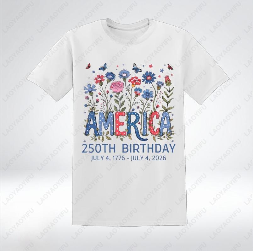 The United States 250th Birthday Floral Patriotic July 4 17762026 Cotton Tshirts Casual Style Tops Ropa Mujer Clothes for Women
