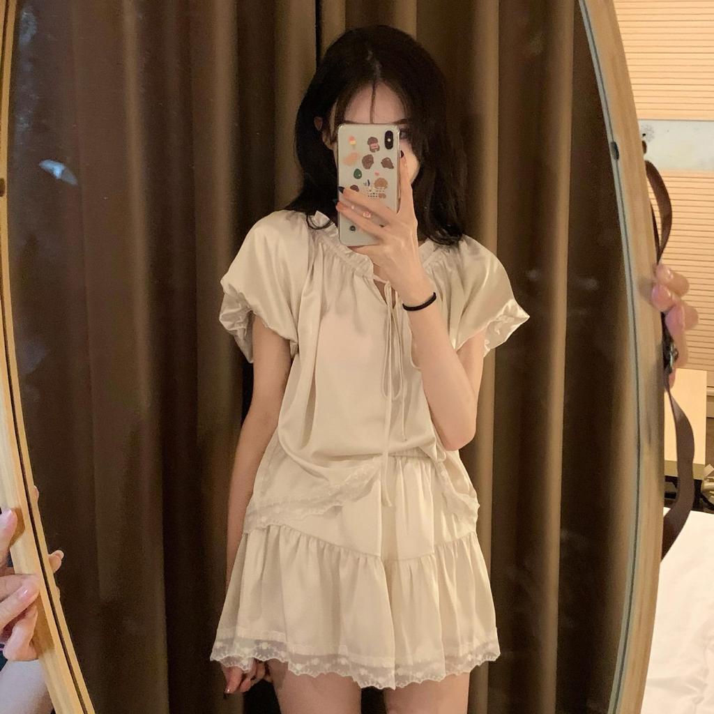 Ice silk pajamas women's summer thin sweet princess short-sleeved pants Internet celebrities ins wind silk loungewear two-piece set