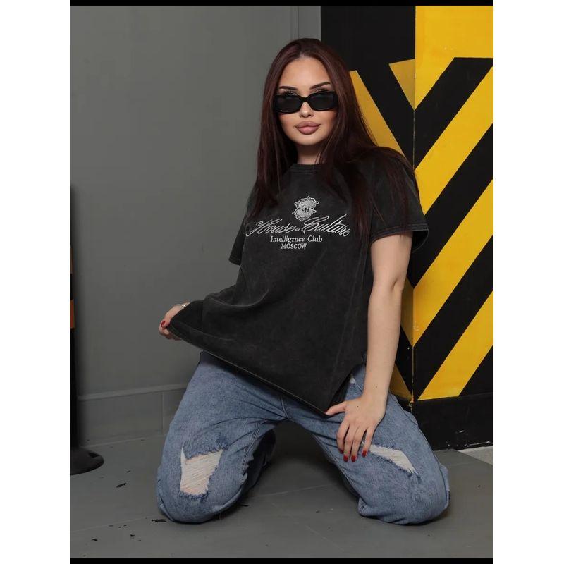 Western Style New Fashion Washed Distressed Print Short Sleeve T-shirt Top Printed Cotton T-shirt