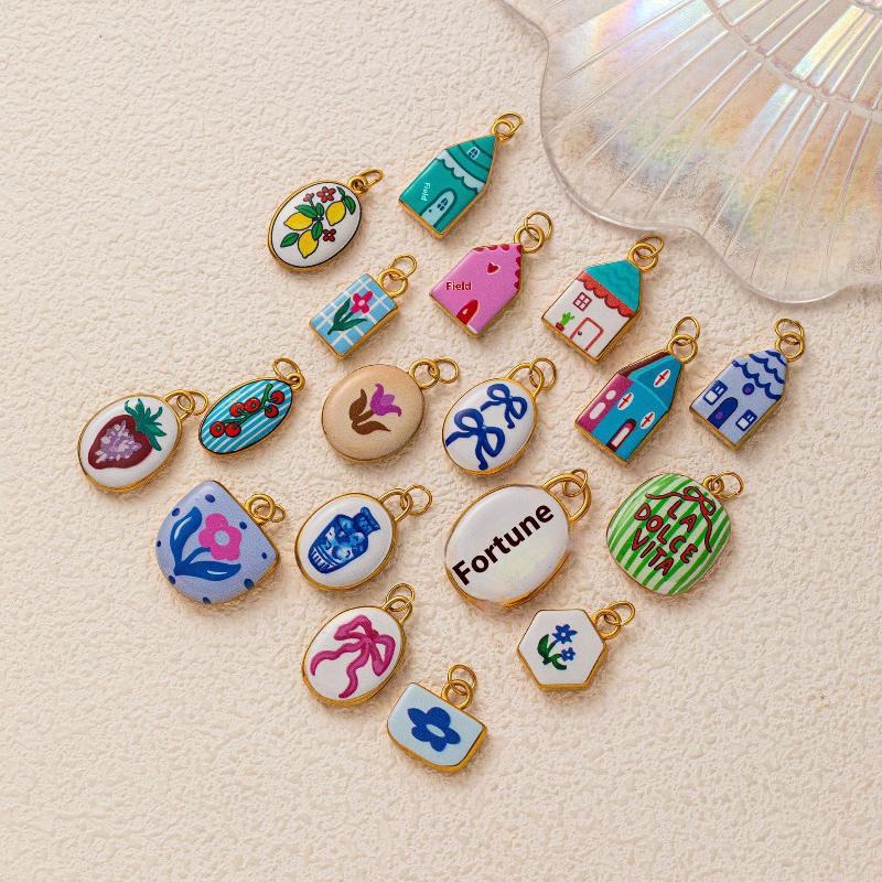 Fashion Oval Painted Oil Drop Pendant Cute Flower House Printing Charm For Jewelry Making Necklace Earring Hanging Accessories