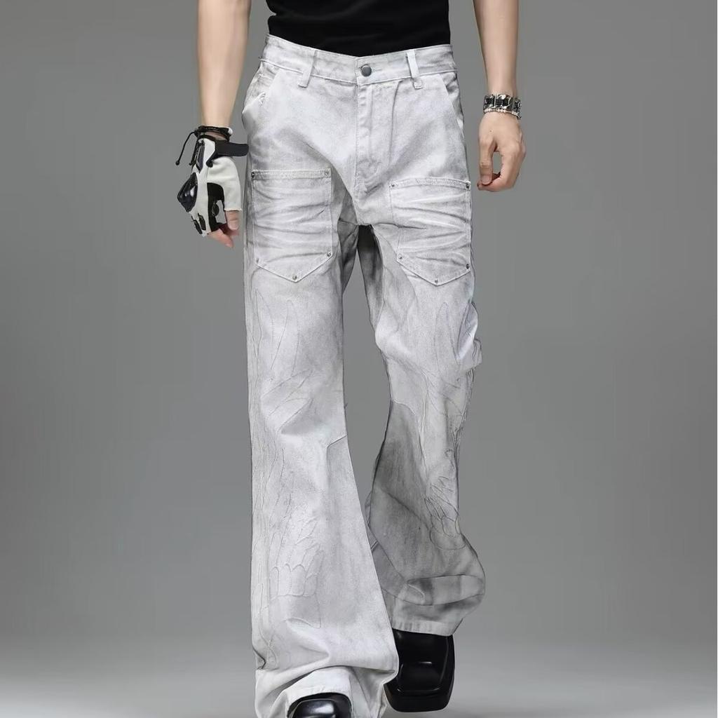 Spring and Autumn new American high street retro washed old tie-dye design jeans men's loose micro-flared pants