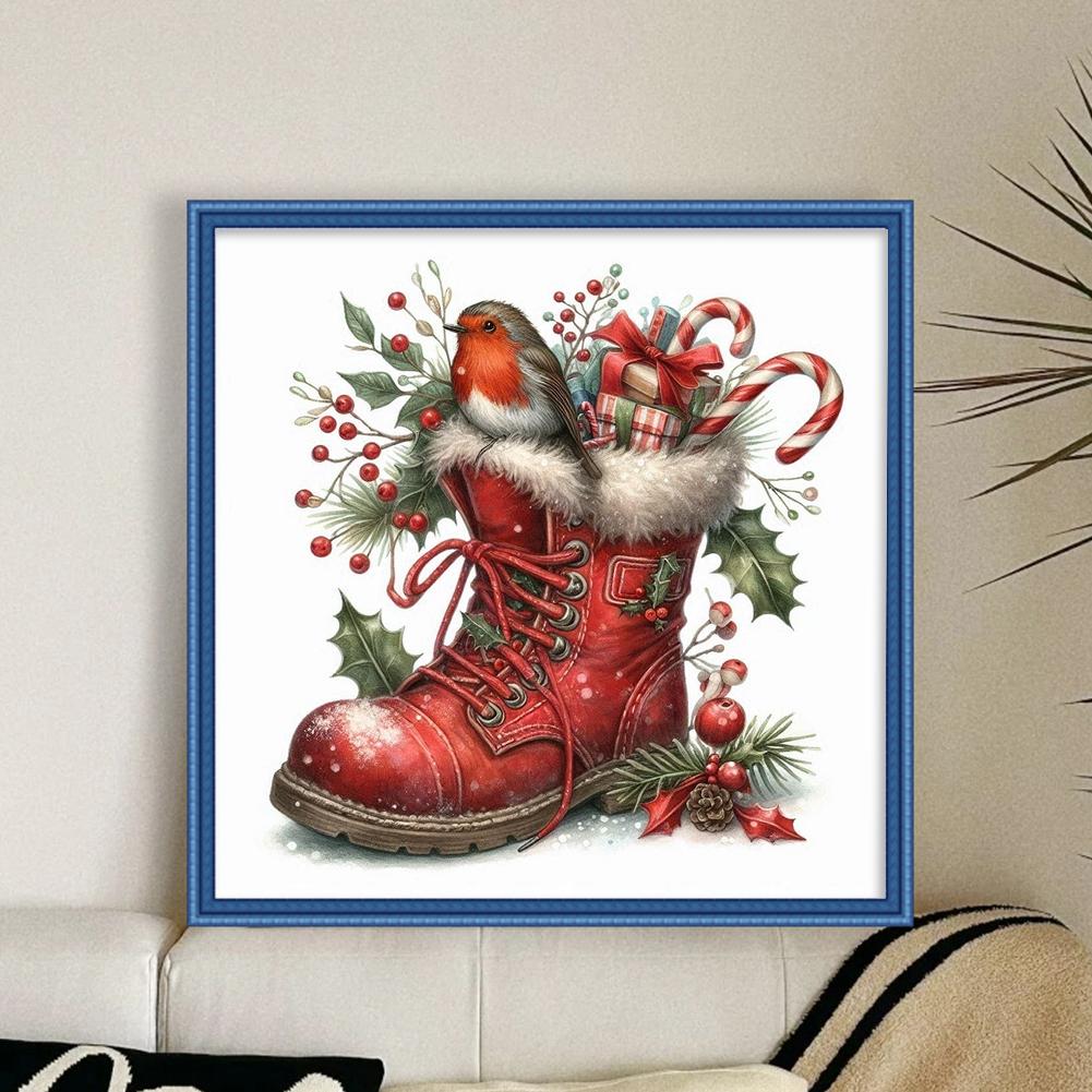 Red Boots Bird Full 11CT DIY Counted Cross Stitch Kits for Adults Home Decor Cross Stitch Patterns Arts Craft Kits 15.75x15.75in