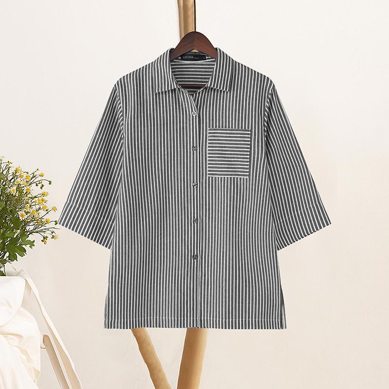 ZANZEA Women Casual Turn Down Collar Loose 3/4 Sleeve Stripe Blouse