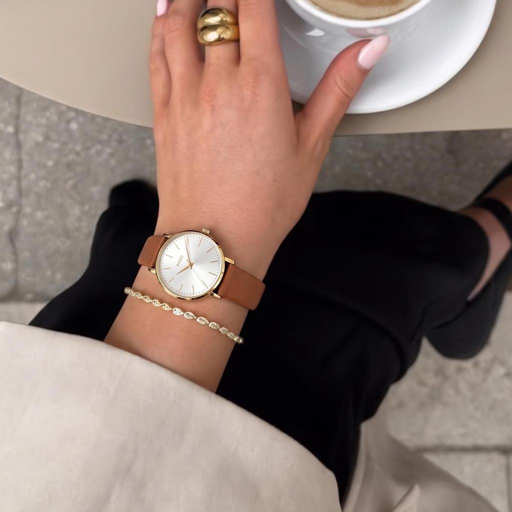 BUREI Japanese Quartz 38mm Large Brown Leather Strap Women's Watch, Movement, Waterproof, Dial,