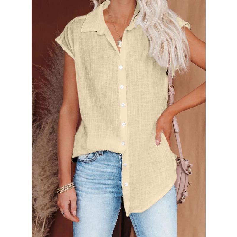 Women Cotton Shirts Vintage Solid Color Short Sleeve Button Harajuku Loose Blouses and Tops Casual Ladies Tunic Oversize T-Shirt