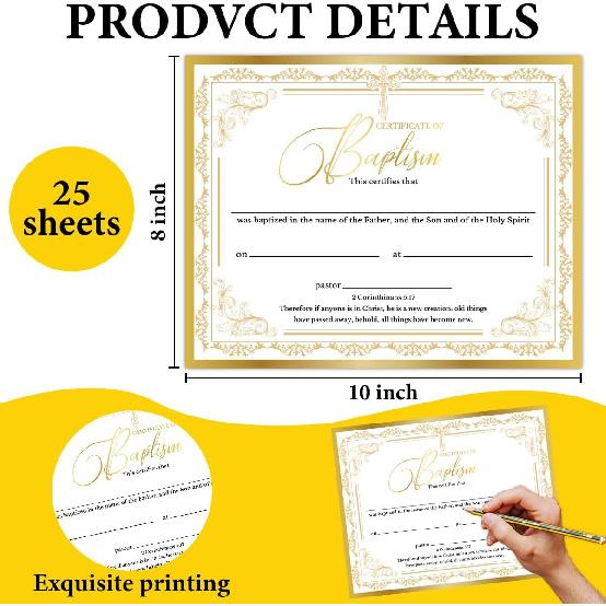 25 PCS Baptism Certificates for Church, Baby Dedication Certificate Paper, Baby Dedication Christening Gifts for Girls Boys,Baptismal Certificates