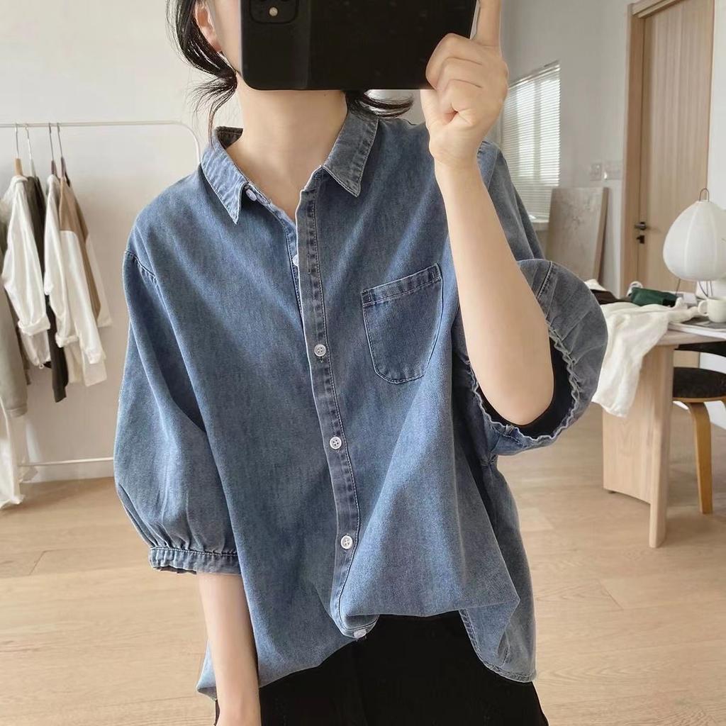 Lantern Sleeve Denim Shirt Women's New Summer Loose Retro Quarter-sleeve Design Simple Top