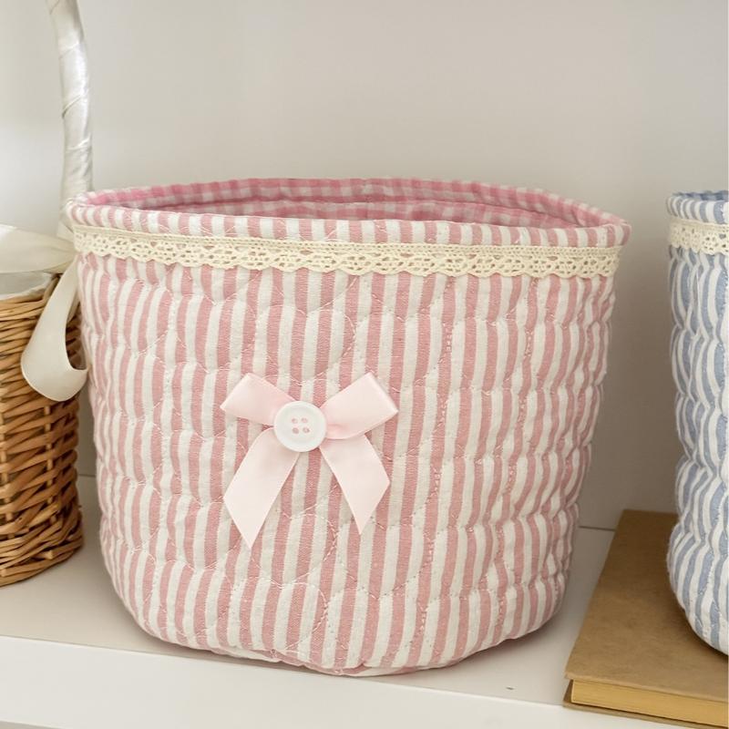 Cute Love Heart Storage Box Quilting Cotton Bow Desktop Storage Basket Large-Capacity Round Storage Frame Home Decoration