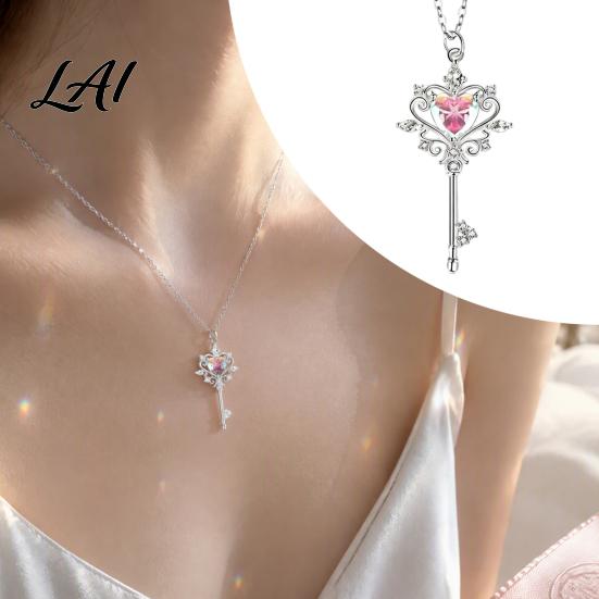 Key Pendant Necklace for Women Magic Necklace Pink Cubic Zirconia Heart Sparkling Rhinestone Sweet Fairy Jewelry Girls Versatile Alloy Chain