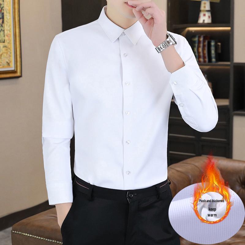 Men's Long Sleeve Thermal Fleece Shirt – Woodpecker Winter Business Casual, Stretch Solid Color, Thick and Lined.