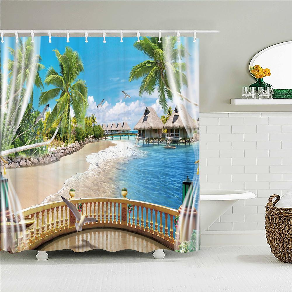 Outside the Window Seaside Scenic Beach Shower Curtains Bathroom Curtain Frabic Waterproof Bath Curtains for Bathroom 180x180cm
