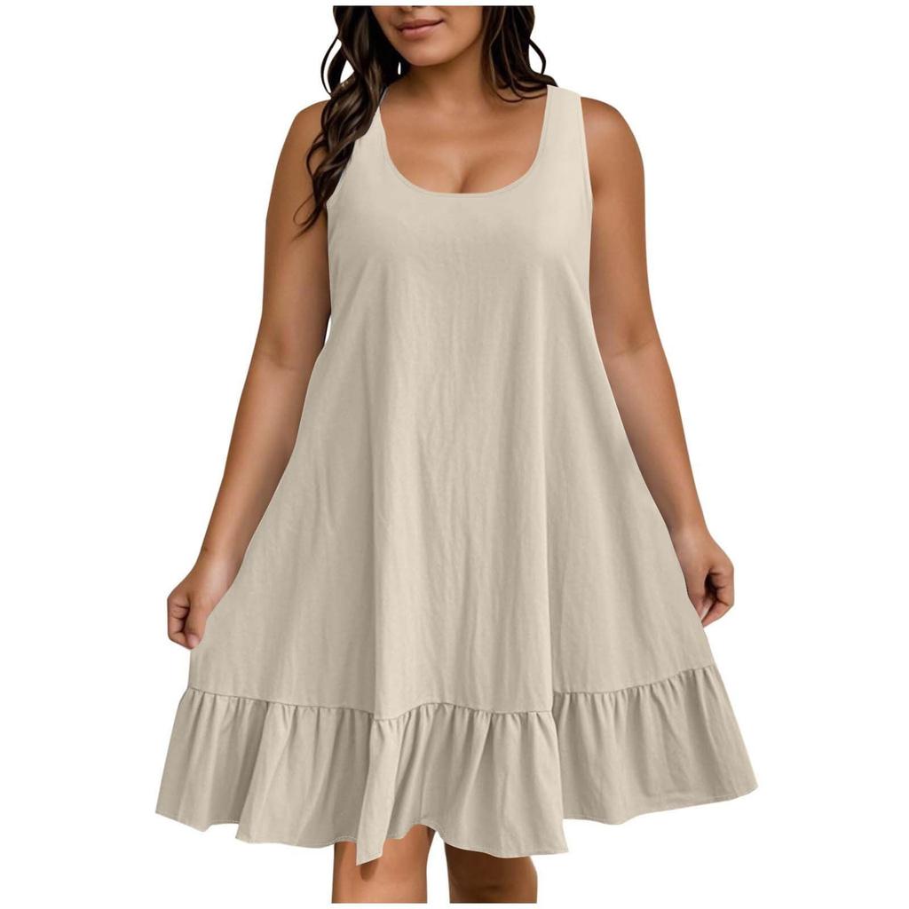 Women's Plus Size Casual Fashion Solid Color Round Neck Sleeveless Dress