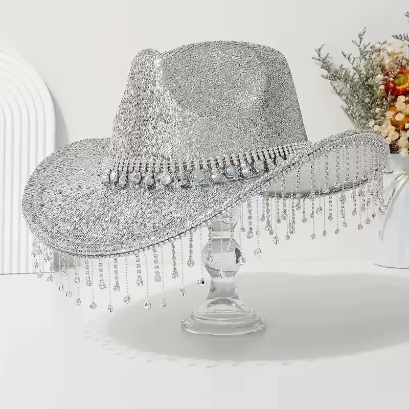 New Rhinestone Fringed Western Cowboy Hat Trendy Versatile Hat Women's Winter Party Party Jazz Top Hat