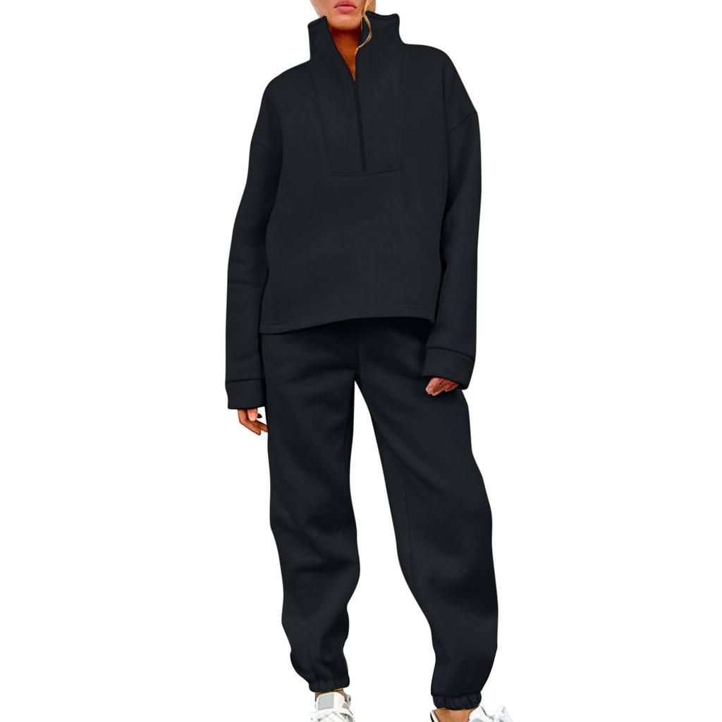 Summer Women's Color Long-sleeved Top Casual Elastic Zipper Pocket Trousers Sports Exercise Casual Loose Soft Two-piece Suit