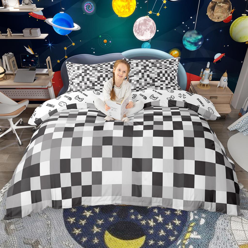 Homewish Kids Miner Game Duvet Cover Set For Boys Girls Geometric Plaid Quilt Cover SetColorful Grid Bedding Set