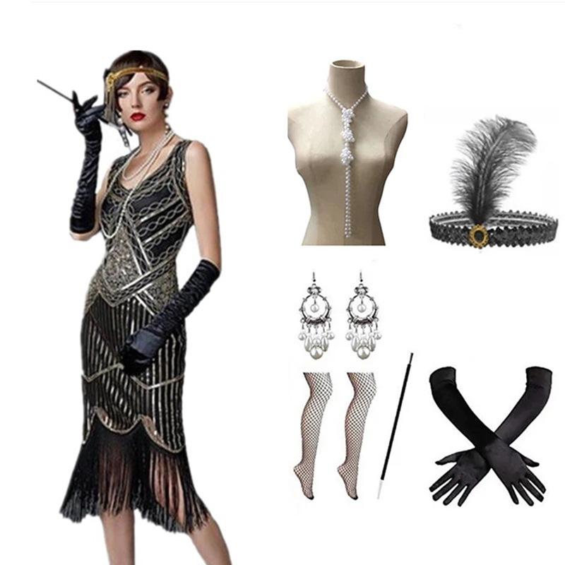 

Платье ручной работы в стиле ретро 1920-х годов с бисером и пайетками-кисточками — идеально для ежегодных встреч M