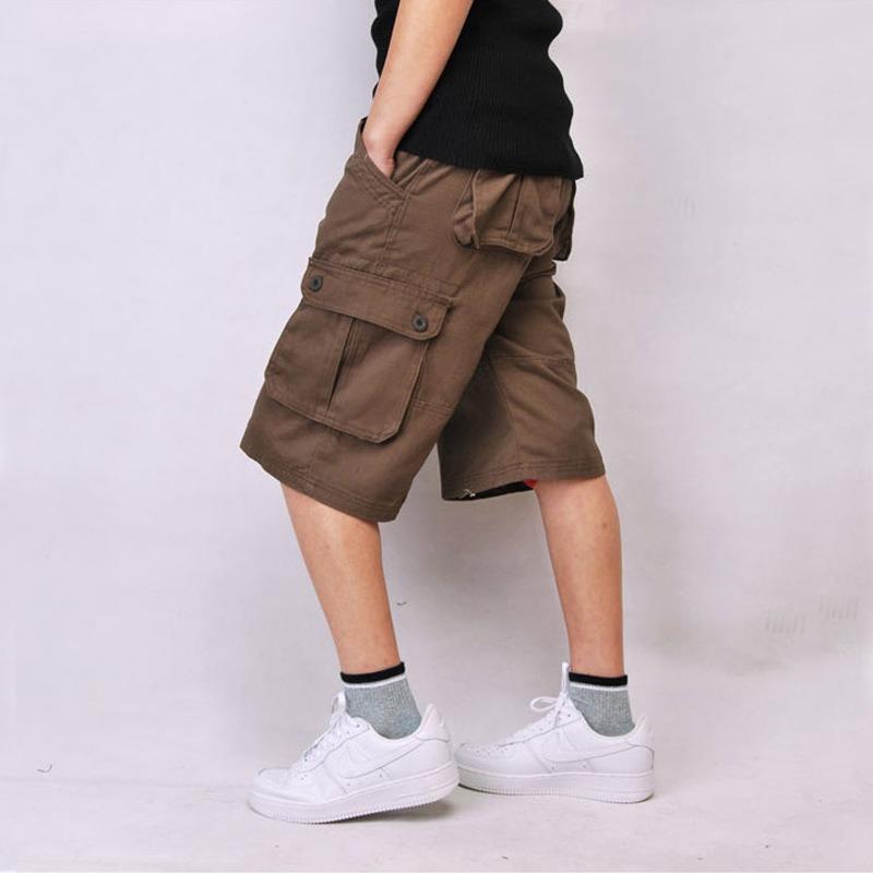Men solid khaki multi pocket cargo knee shorts loose fit outdoor street casual walking bottoms