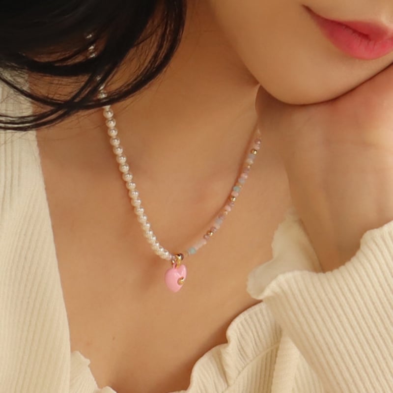 VINTAGEPINK Pink Heart Volume Heart Pink Pub Bead Necklace