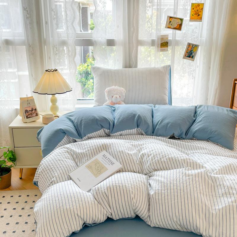INS Seersucker Stripes Duvet Cover Pillowcases Flat Sheet Girls Bedding Set Washed Cotton Solid Color Bed Linen Single Size