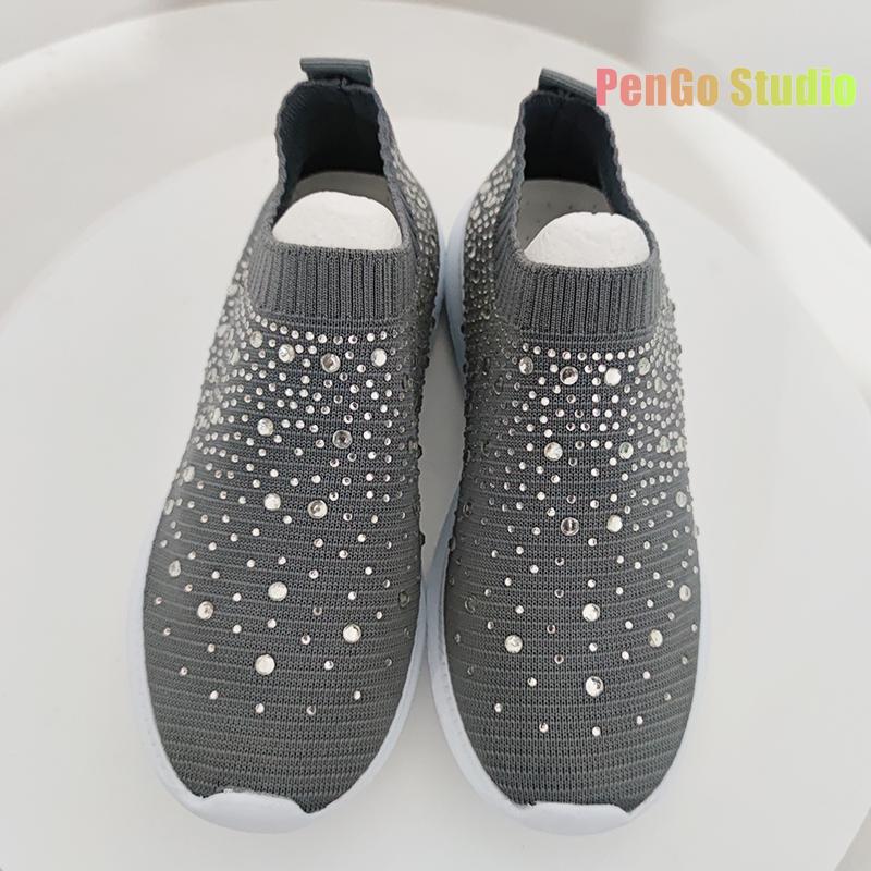 9 Colors Rimocy Shining Crystal Flats Women Spring Breathable Knit Platform Sneakers Woman Comfortable Soft Bottom Non -Slip Sports Shoes