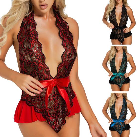 Nightie Bodysuit Push Up Lace Backless One-piece Halter Neck Pornographic See-through Deep V Neck Sleeping Bodysuit for Wedding Night