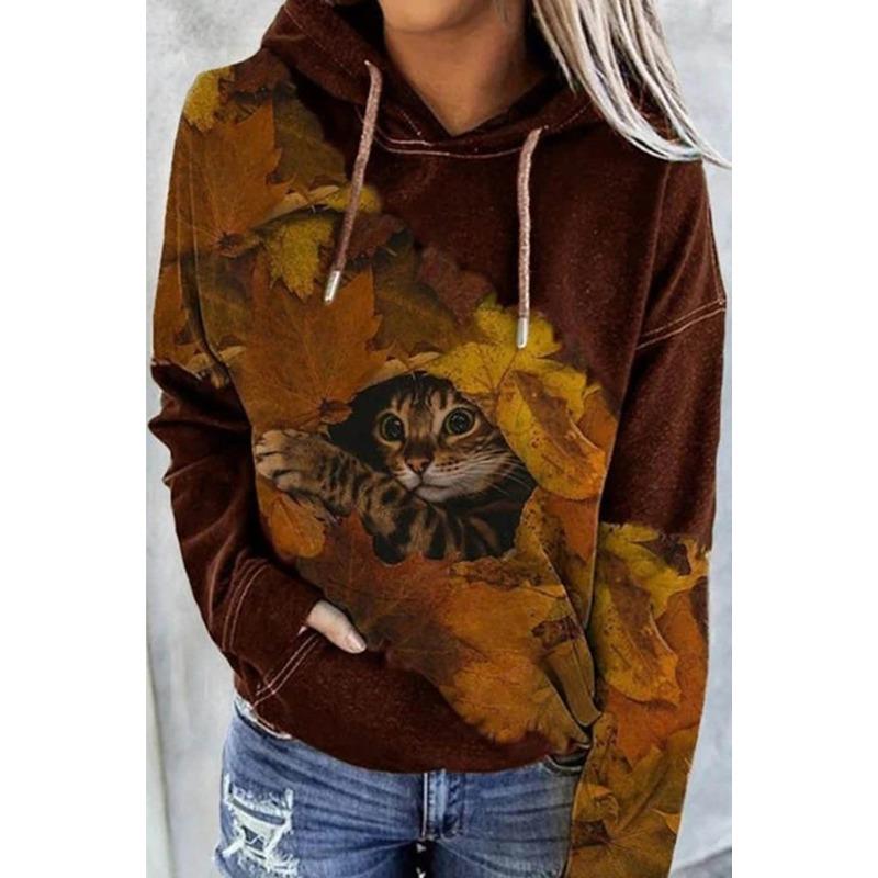 Women's Hoodie Sweatshirt Pullover Casual Hoodie Long Sleeve Top cat leaf pattern 3D Print Winter Hoodies for women