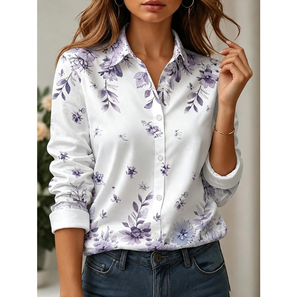 Floral Print Women Blouse Spring Autumn Femme Office Lady Button Up Turn Down Collar Shirts