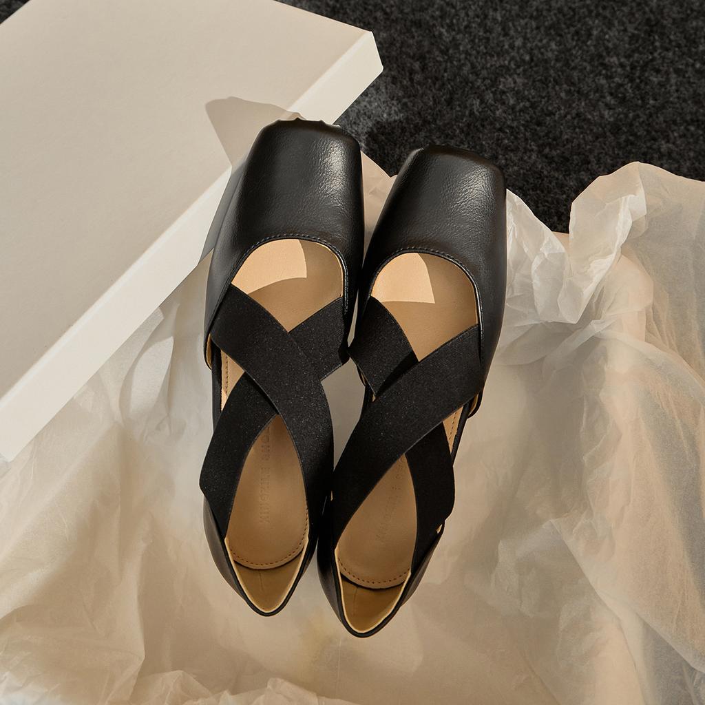 Leather ballet shoes hollow sandals women's summer wear retro style square head thick heel light mouth Mary Jane single shoes women