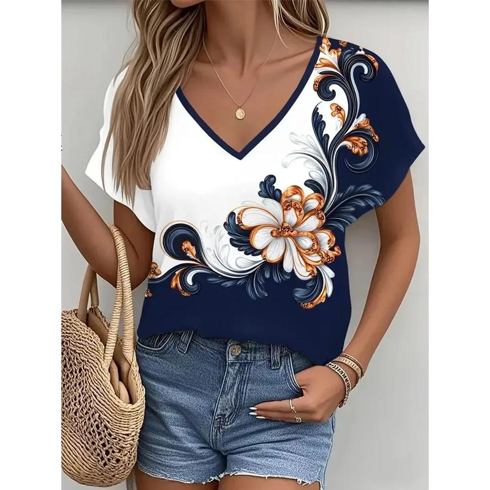 Summer Women Beautiful Flowers V Neck Casual Fashion Tops Comfortable Loose Short Sleeve T-shirt