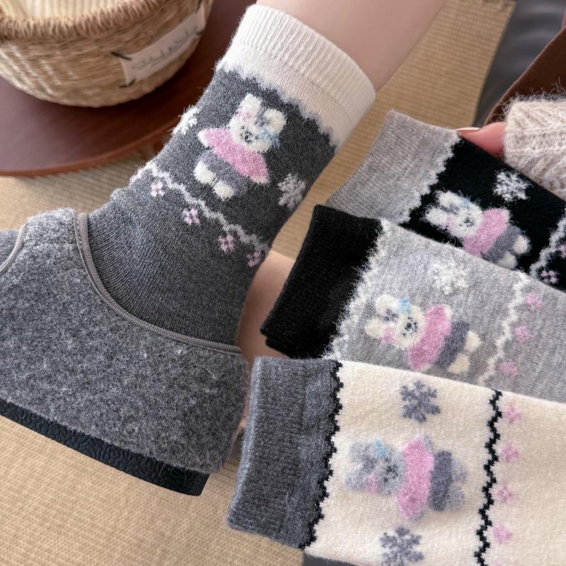 Warm Thickened Stockings Lock Warm Flocked Wool Cartoon Socks Mid-Leg Socks Cashmere Cute Bunny
